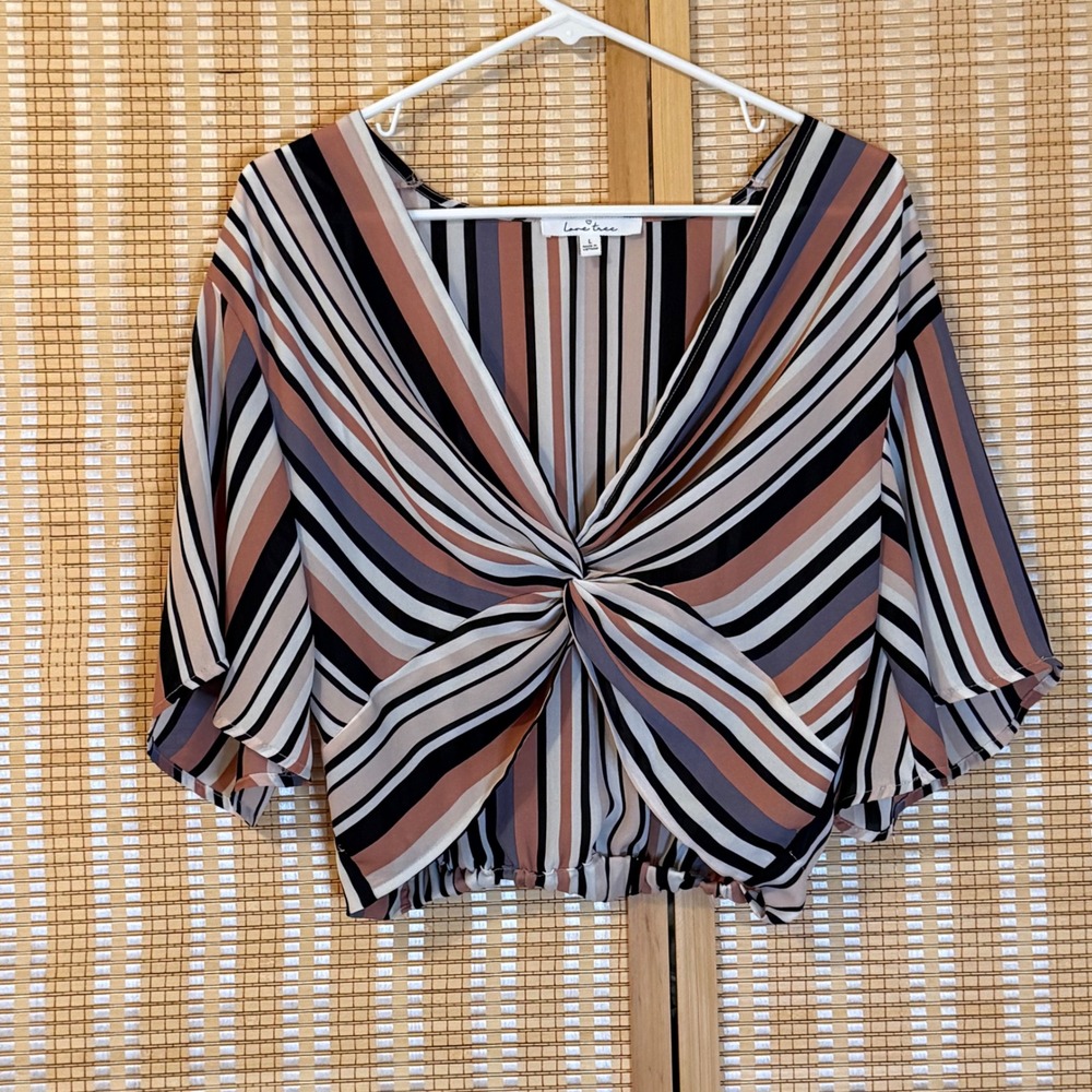 Love Tree Women Striped Twist Front Crop Top Mauve Grey Black‎ Large Boho Office